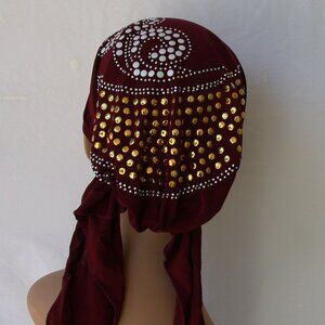 BURGUNDY Pre-Tied Stud Chemo Cap Slip On Bonnet Hijab Undercap # 5